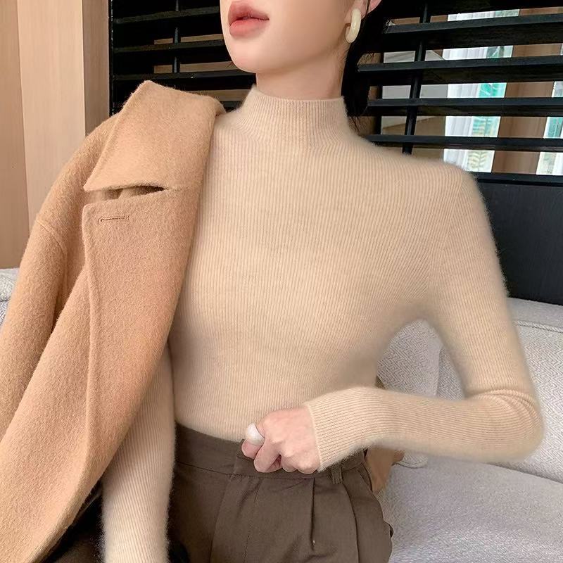 Women's Wool Knit Sweater, Stand-Up Collar, Slim Fit