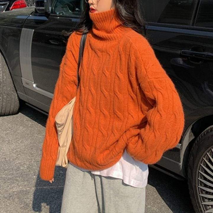 Women’s knit sweater with cable pattern and roll neck