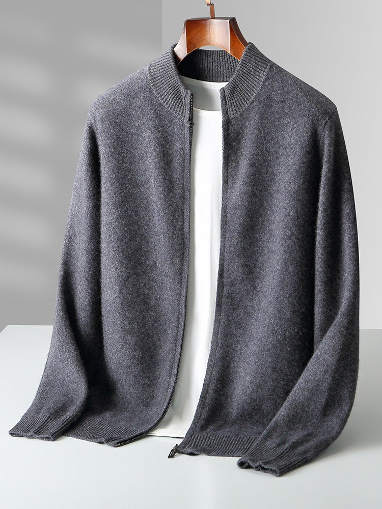 Men's cardigan made of pure wool, standing collar, 500g