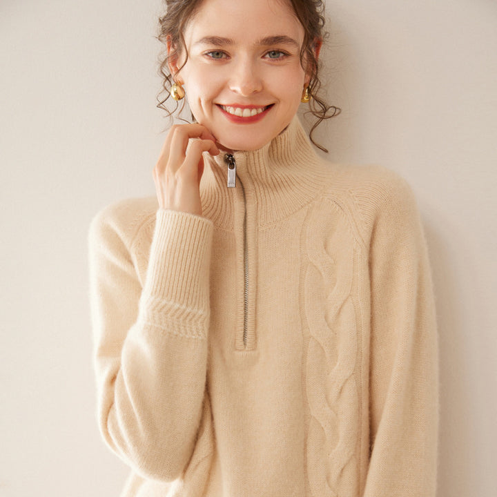 Women's cashmere sweater with stand-up collar and zipper