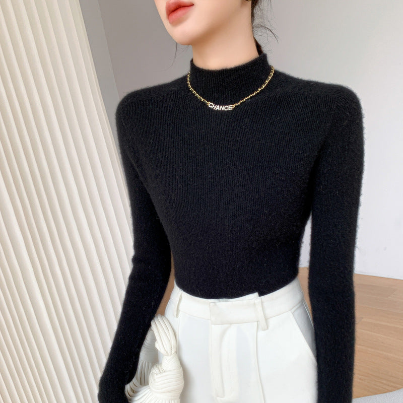 Women's cashmere sweater, stand-up collar, slim fit