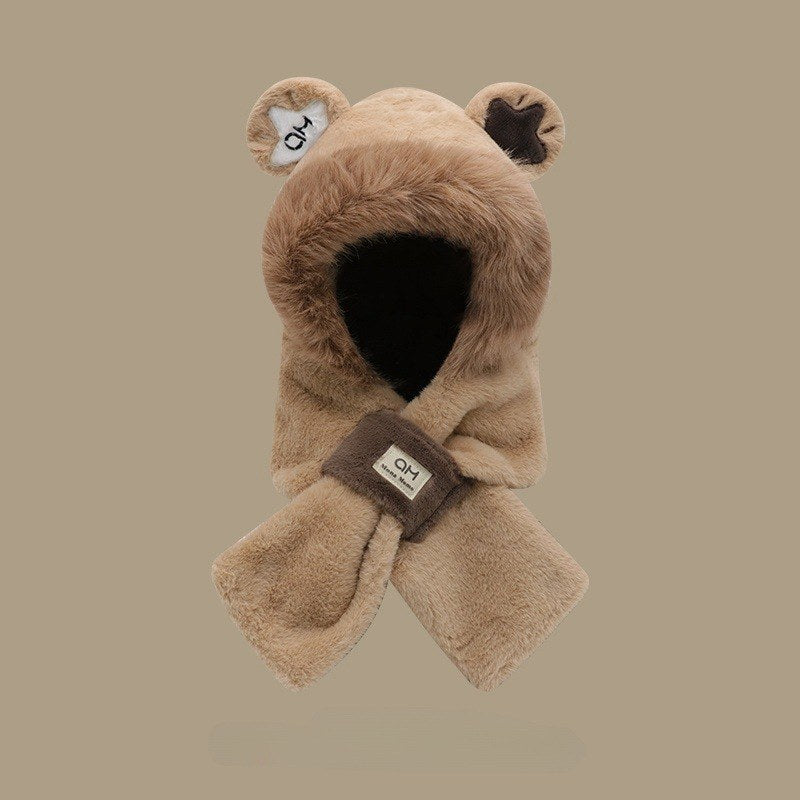Women's Plush Hooded Scarf with Bear Design