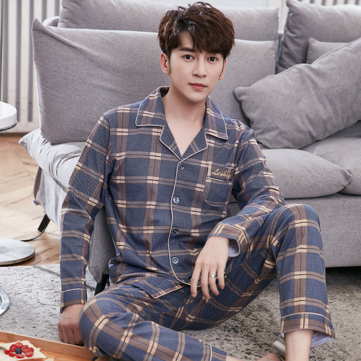 Men's pajamas made of pure cotton, long-sleeved