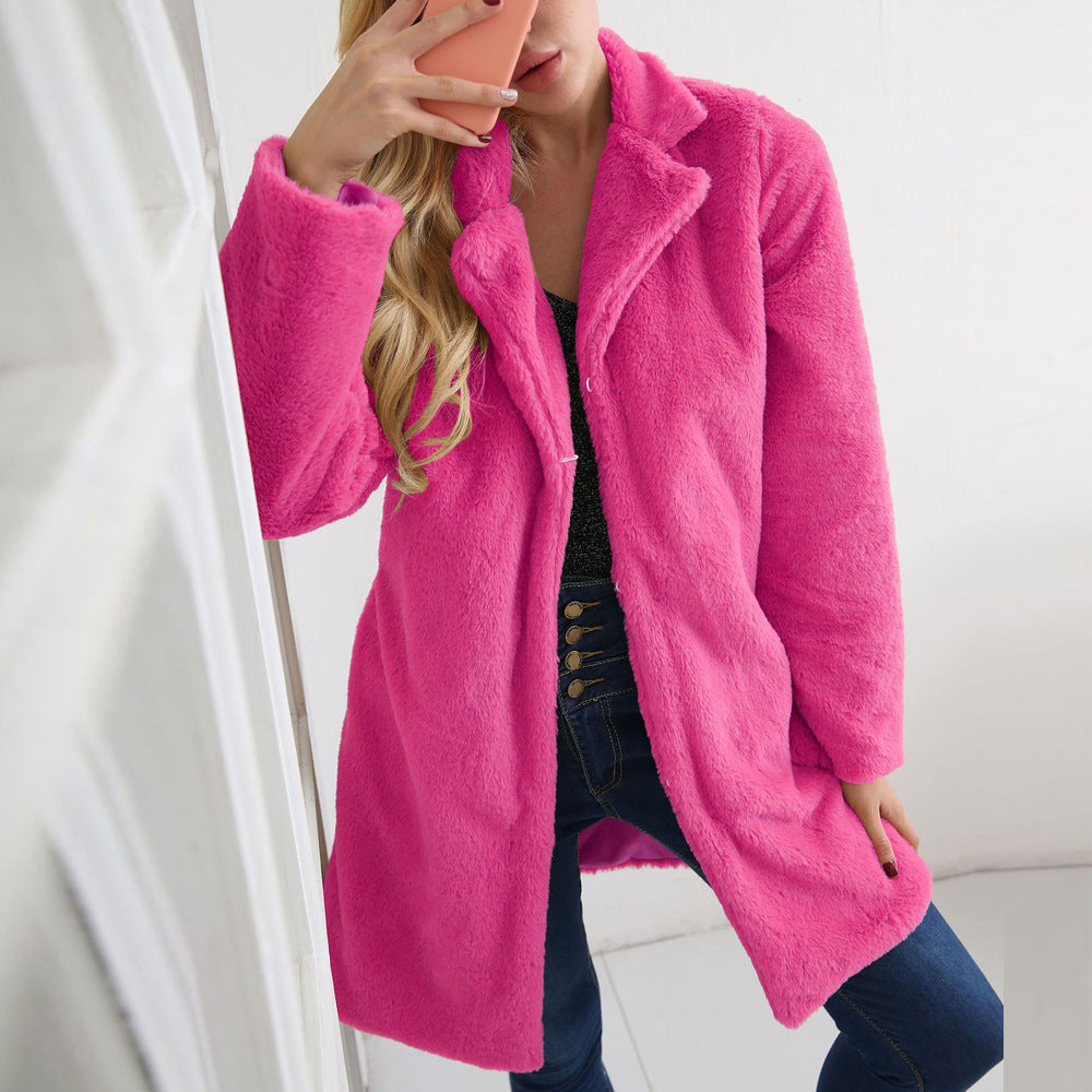 Long women's faux fur coat with lapel collar