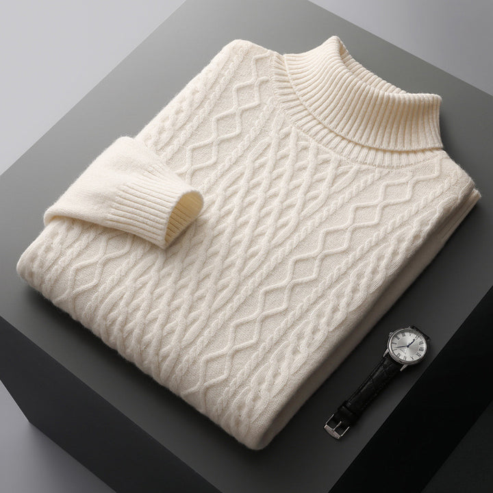 Men's wool sweater with shawl collar and cable knit pattern