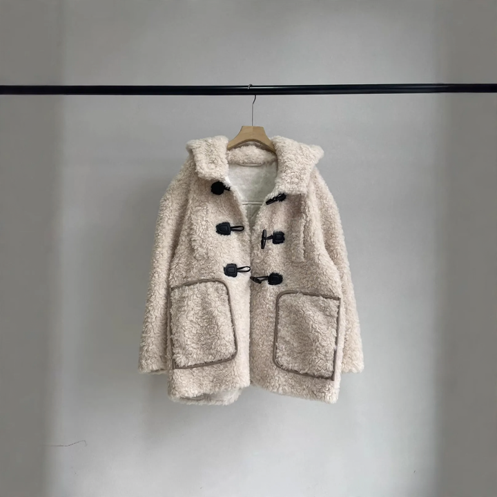 Women’s teddy fleece jacket with hood and toggle buttons