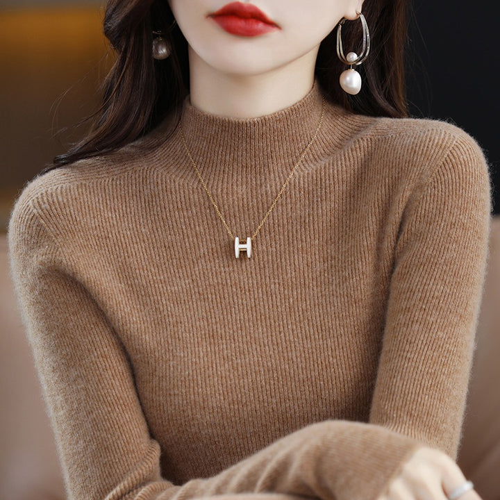 Ladies knit pullover with stand-up collar, seamless