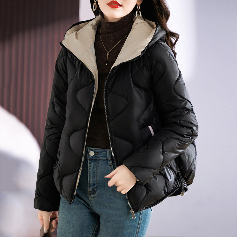 Short women's quilted jacket, glossy, with hood