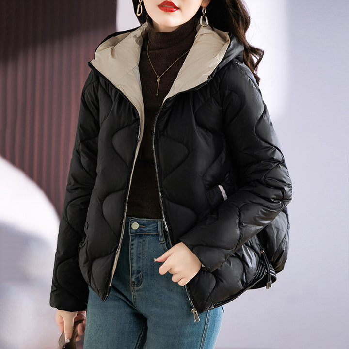 Short women's quilted jacket, glossy, with hood