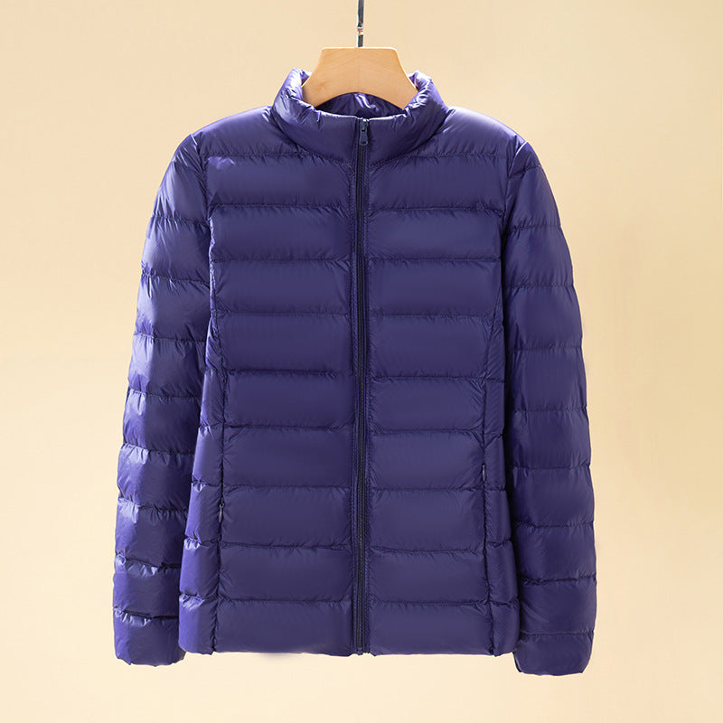 Short women's down jacket with standing collar
