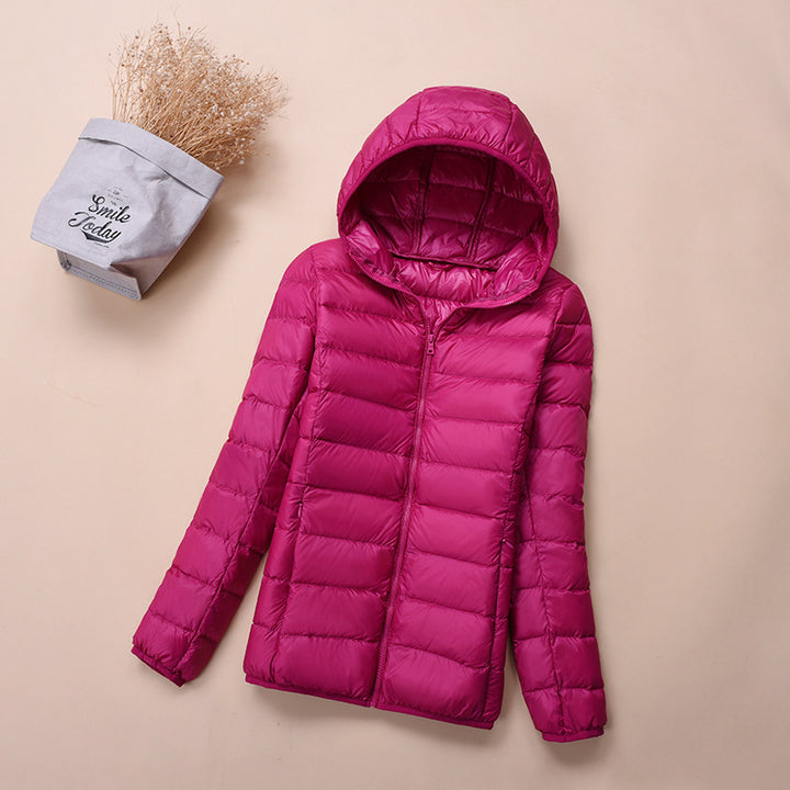 Light women's down jacket, short, with white duck down