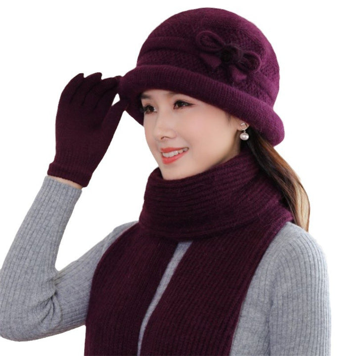 Knitted hat with scarf and gloves, women, winter