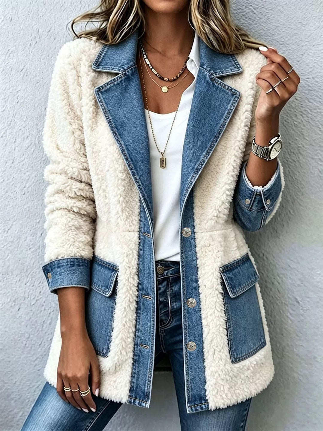Lamb fleece jacket with lapels and button placket