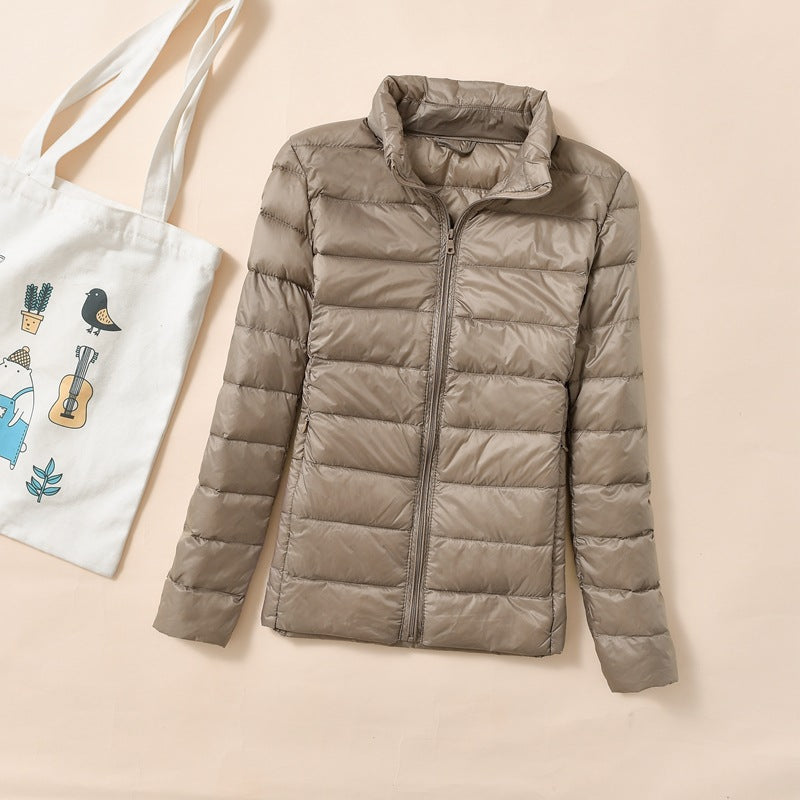 Women's down jacket, short, standing collar, tailored, with duck down
