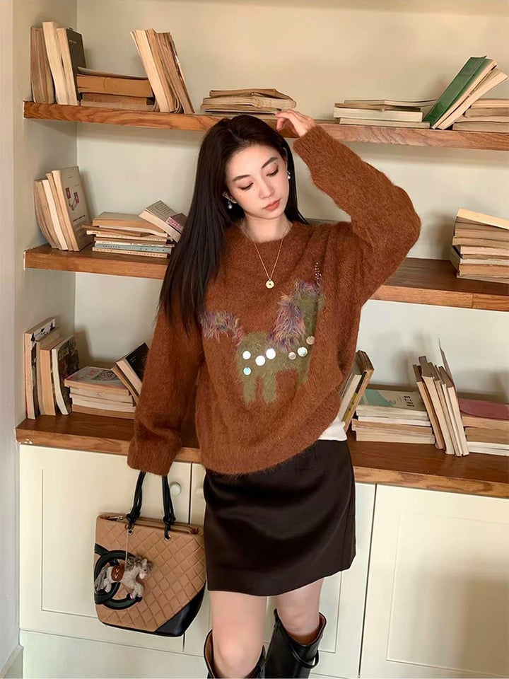 Women's knitted sweater with horse embroidery