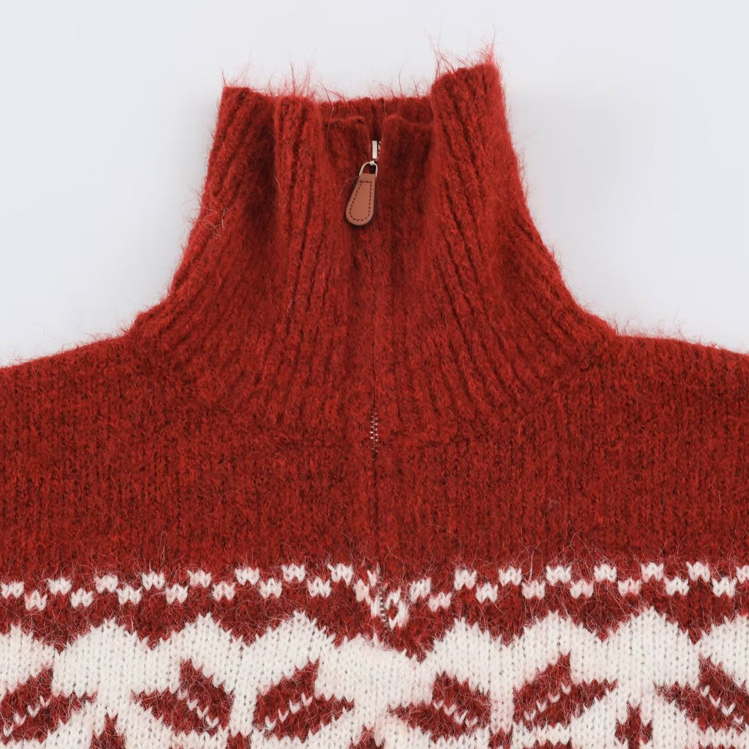 Fair-Isle knit sweater with stand-up collar and zipper