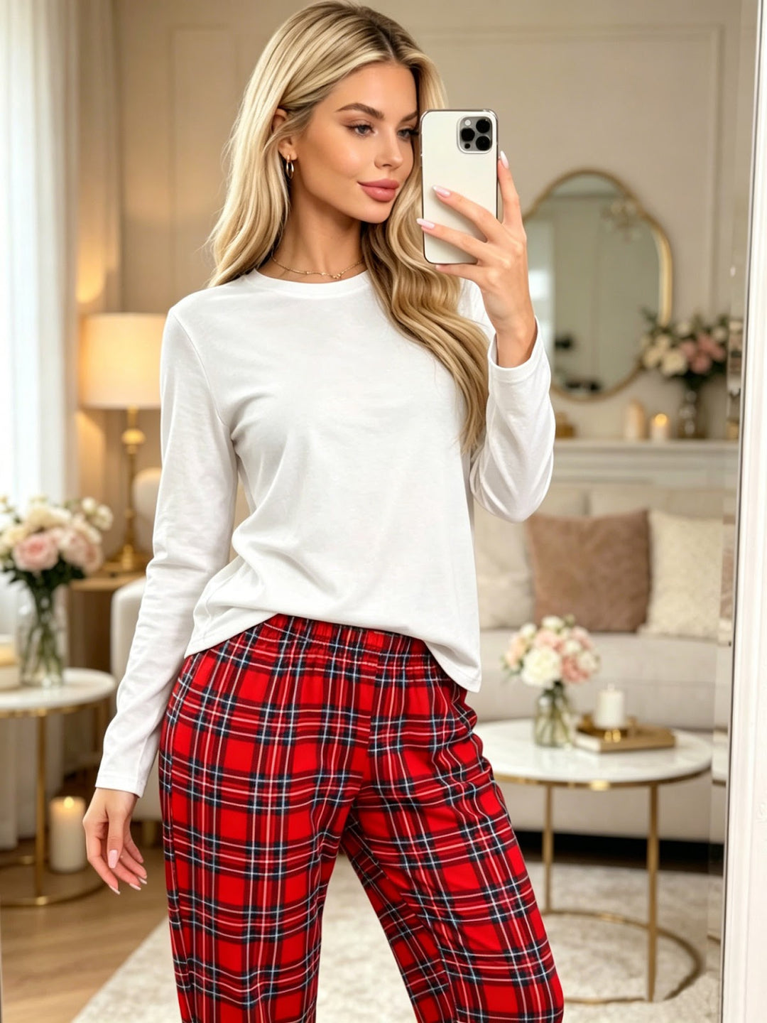 Women’s Pajama Set, Long Sleeve, Checkered Pants, Christmas Motif