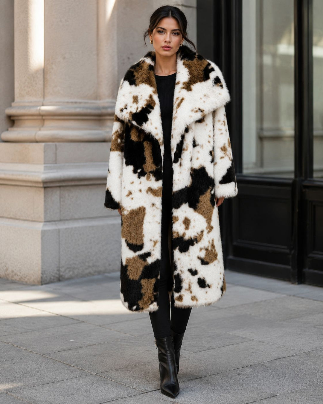 Long faux fur coat with cowhide pattern