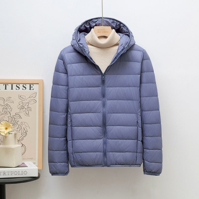 Light women's down jacket, hood, short fit