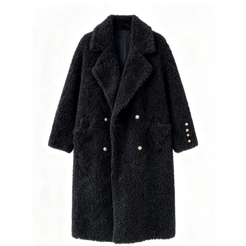 Women's coat, lamb fur imitation, long, black