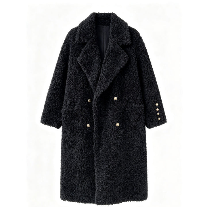 Women's coat, lamb fur imitation, long, black
