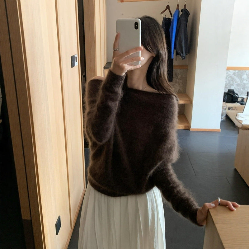 Women’s knit sweater with off-the-shoulder neckline, loose