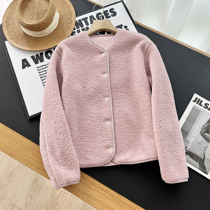 Warm lamb fleece cardigan with round neck for women