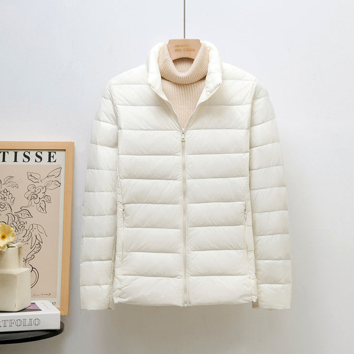 Women's down jacket, lightweight, stand collar, short