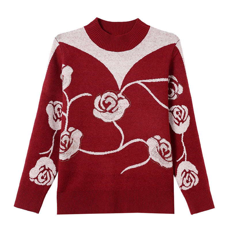 Women's knit sweater with stand-up collar and floral pattern