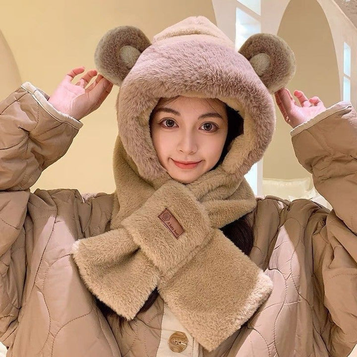 Plush hooded scarf with bear design, lined
