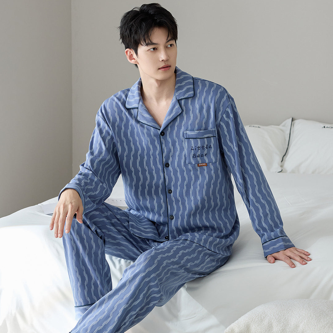 Men's Pajama Set, Cotton, Striped/Checkered, Long Sleeve