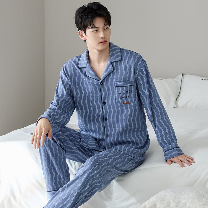 Men's Pajama Set, Cotton, Striped/Checkered, Long Sleeve