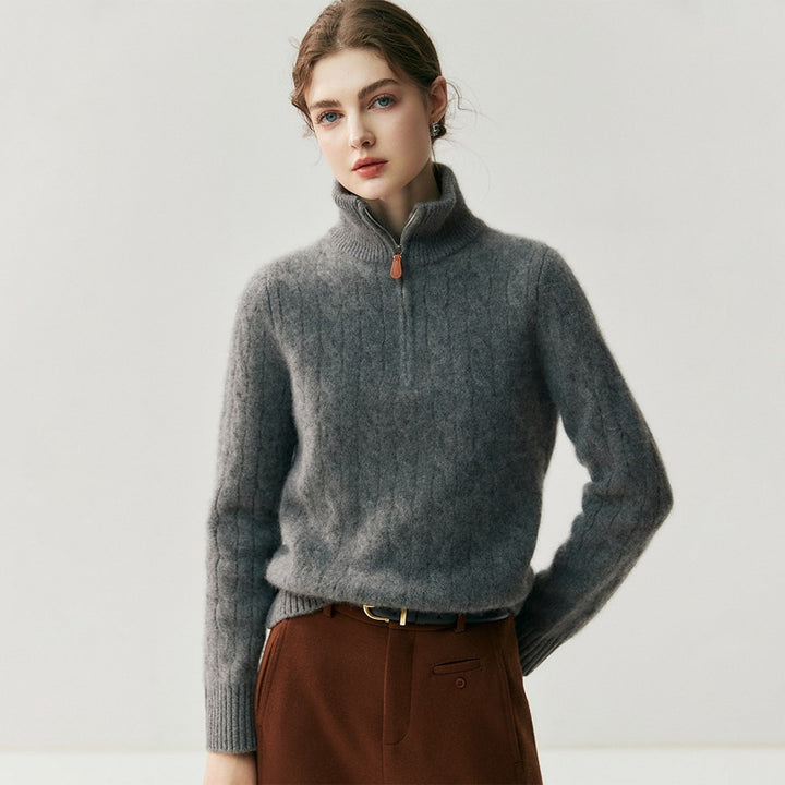 Women's knit sweater with zipper and cable pattern