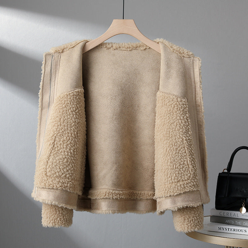 Women's Sheepskin Coat in Biker Style, Lamb Wool