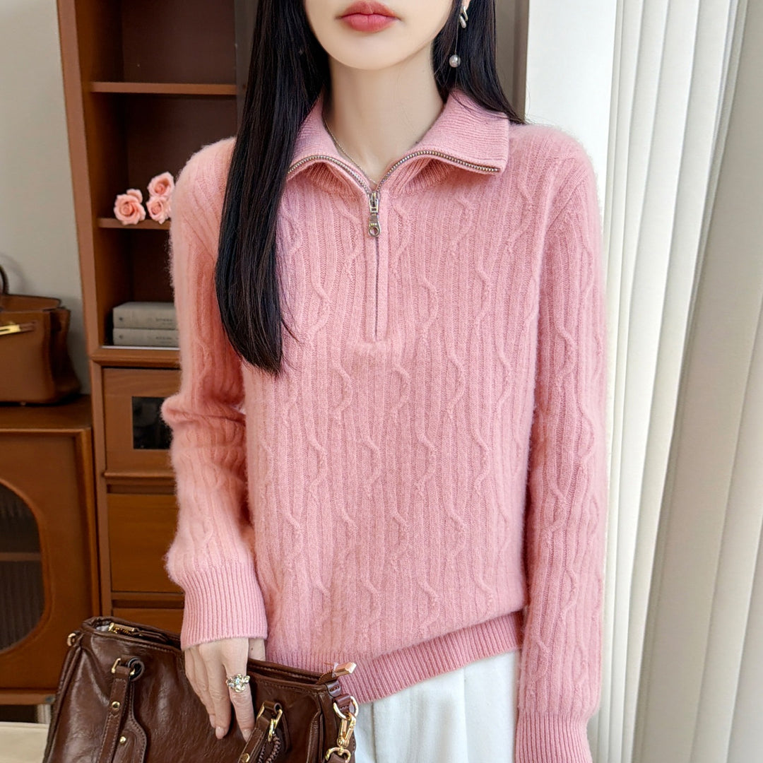 Women's wool pullover with zipper and cable pattern