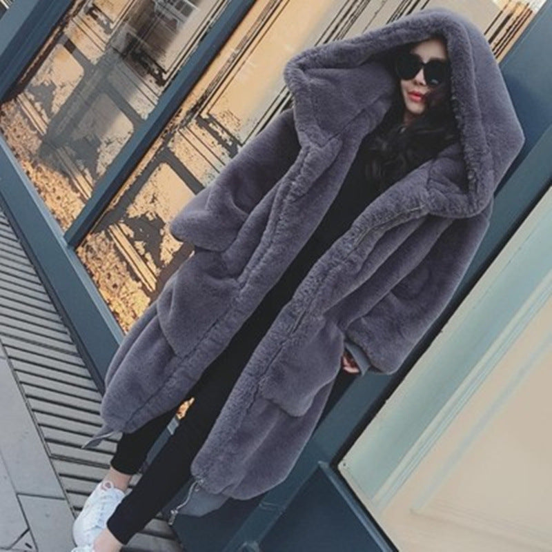 Long women's faux fur coat with hood