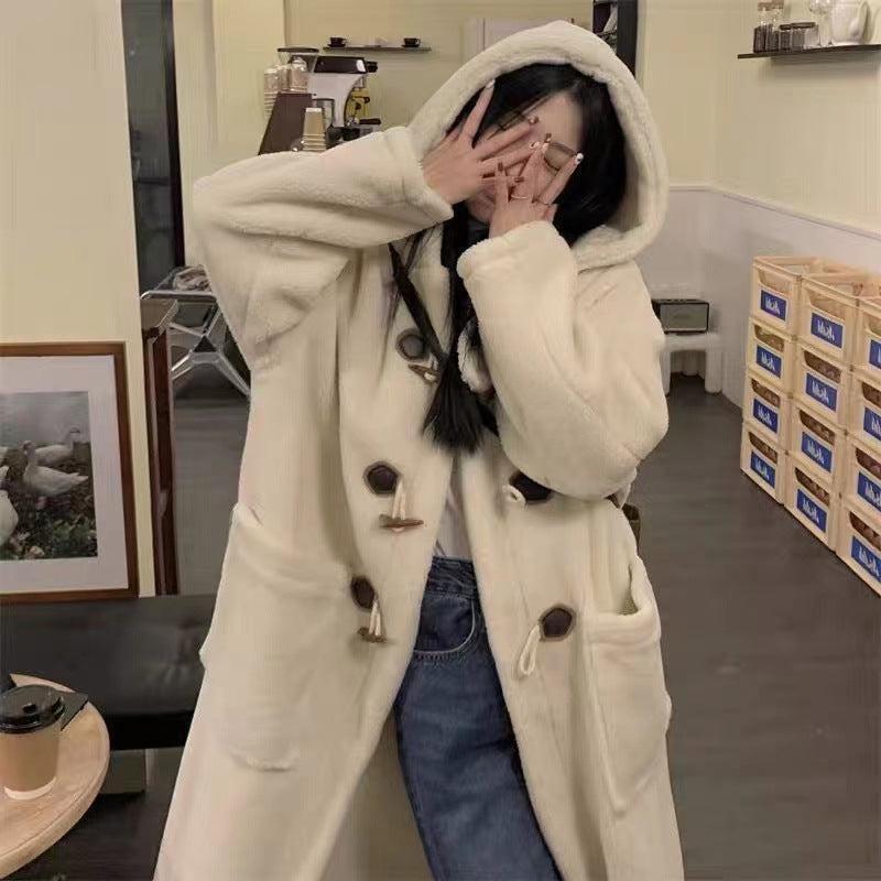 Long lamb fleece imitation coat with toggle buttons
