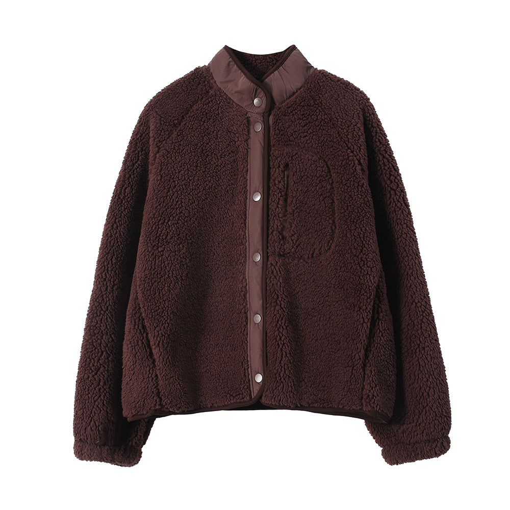 Padded fleece jacket with lambskin look and stand-up collar