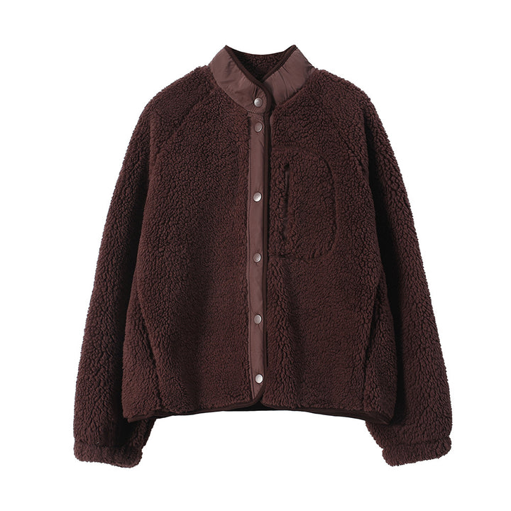 Padded fleece jacket with lambskin look and stand-up collar