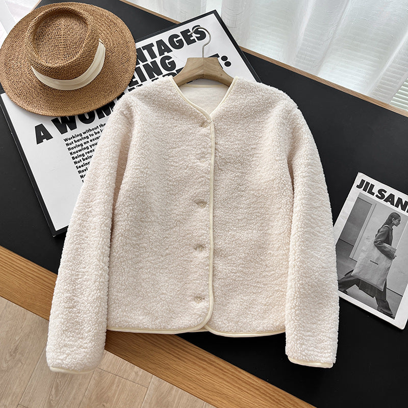 Warm lamb fleece cardigan with round neck for women