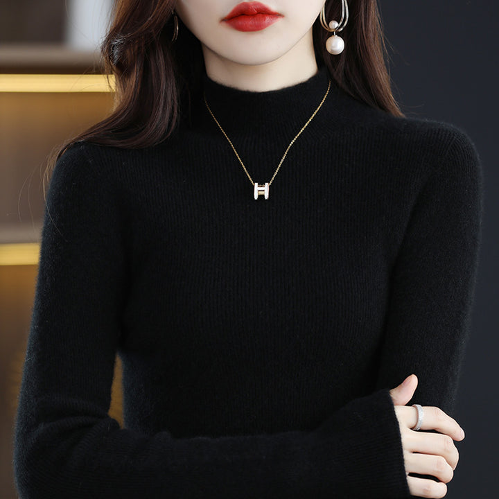 Ladies knit pullover with stand-up collar, seamless