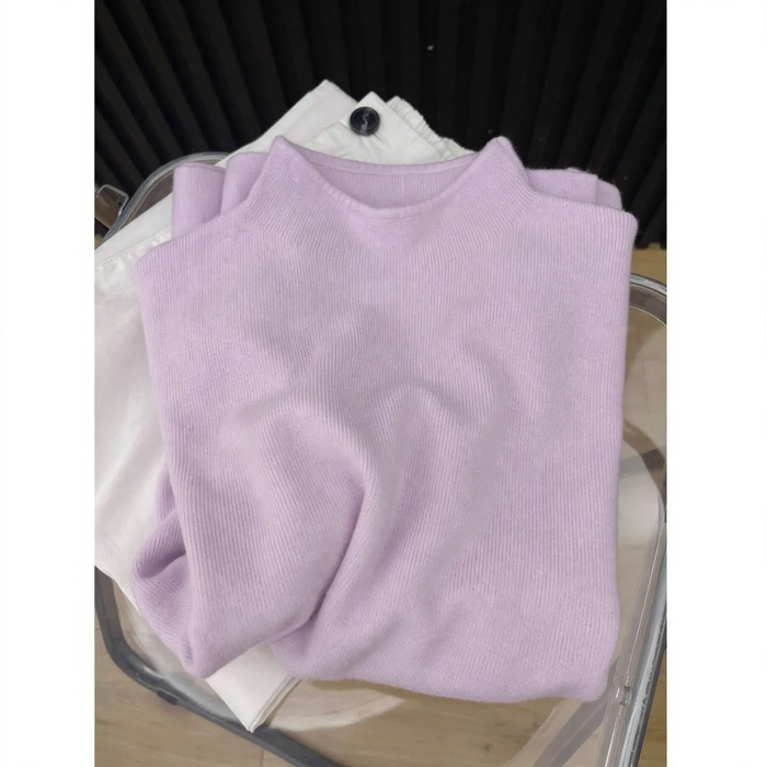 Women's knit sweater with stand-up collar, solid color