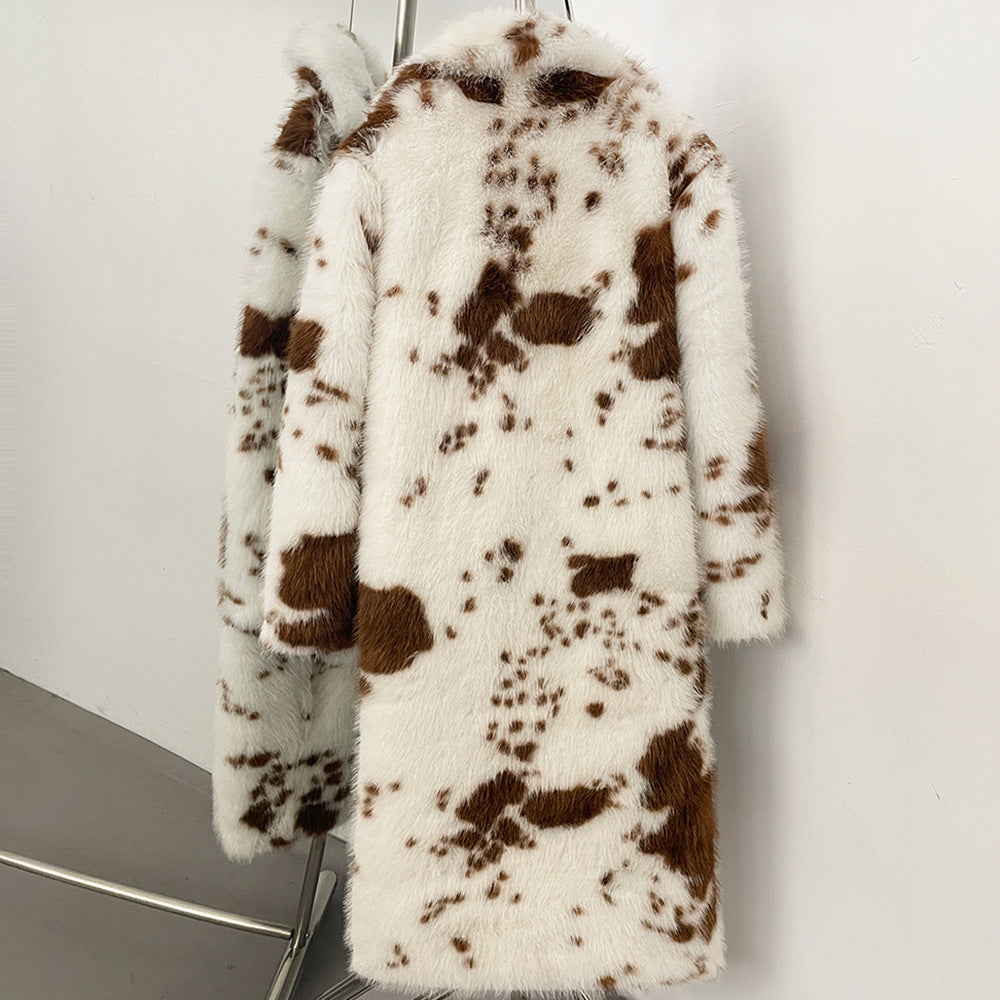 Padded faux fur coat with cow print