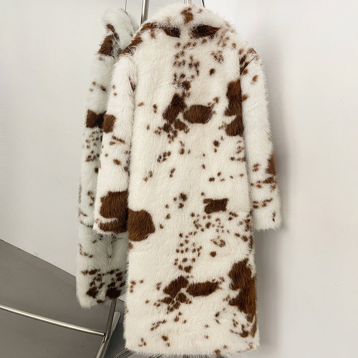 Padded faux fur coat with cow print