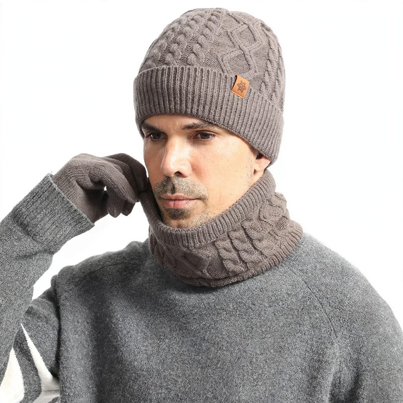 Knit set for men: beanie, scarf, and gloves