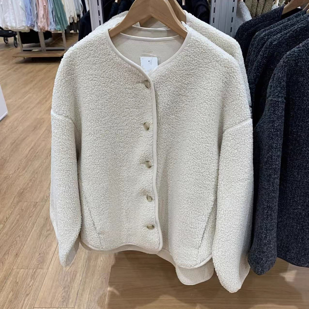 Casual fleece cardigan with lambskin look