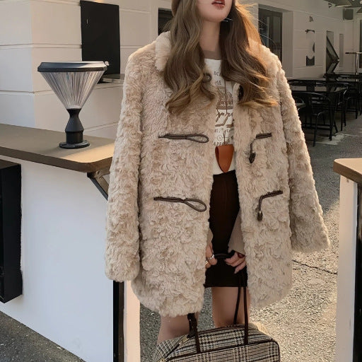 Loose faux fur coat with toggle buttons