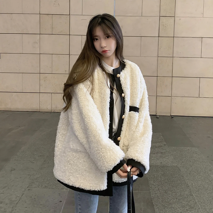 Women's winter jacket, lambskin look, lined, fashionable style
