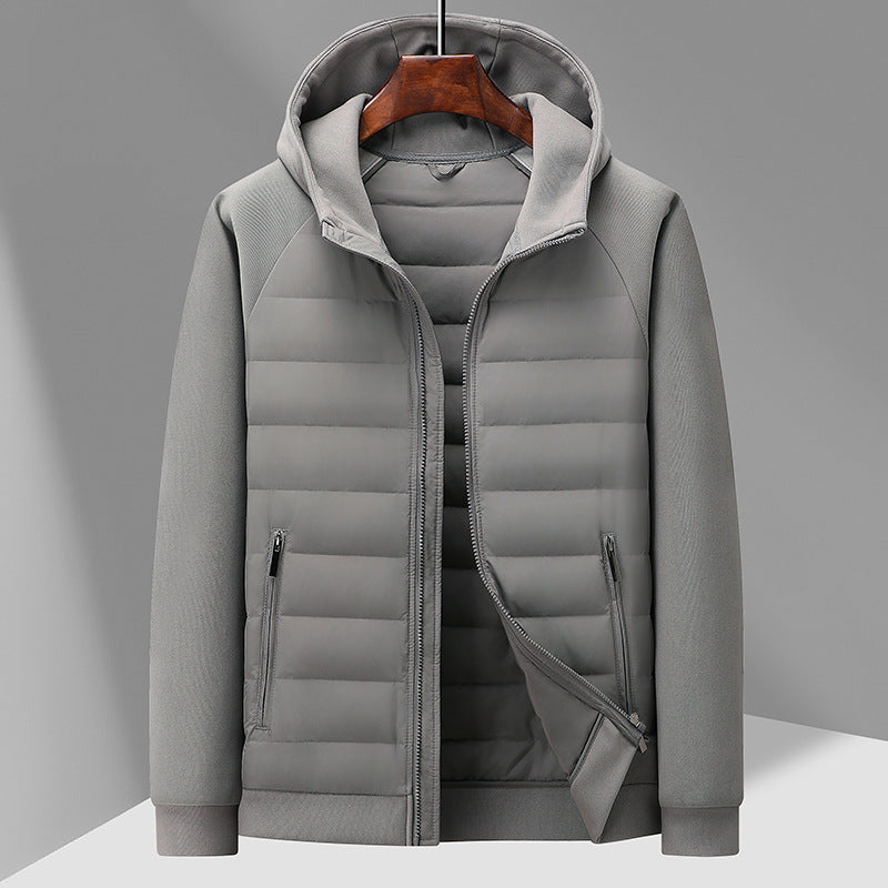Men's down jacket with knit details and stand-up collar