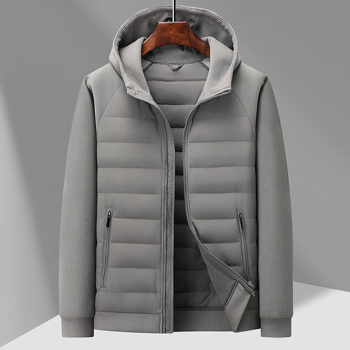 Men's down jacket with knit details and stand-up collar